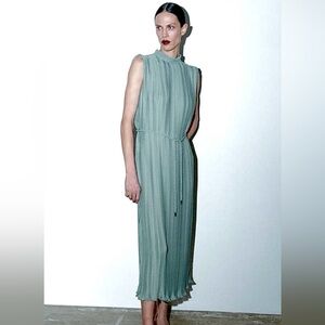 Zara Green Marl Grecian Sleeveless Midi Pleated Dress with Belt S